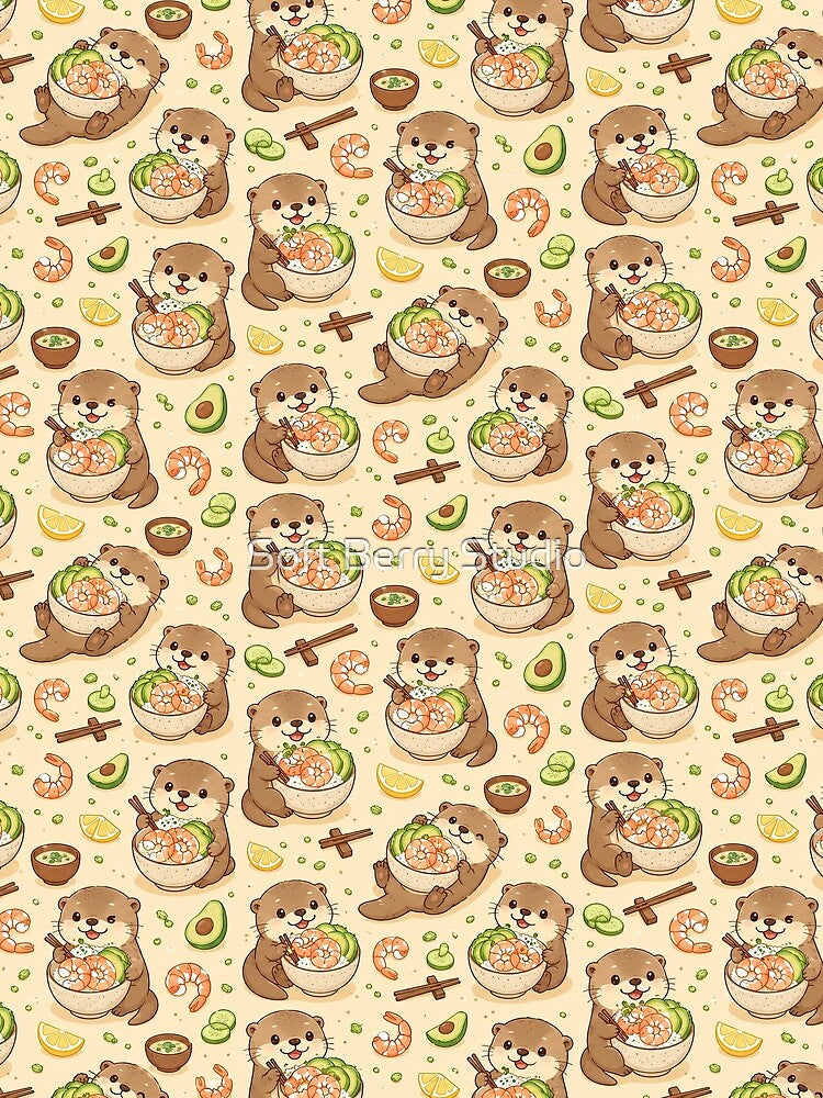 Otter Shrimp Rice Bowl Kawaii Pattern by Soft Berry Studio
