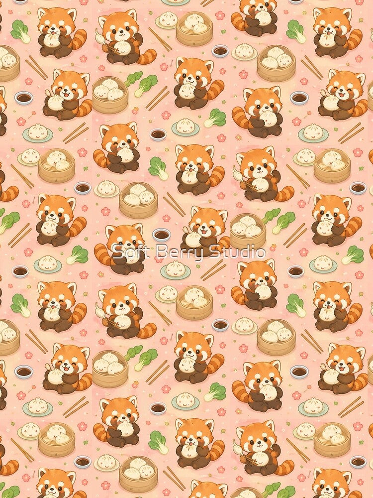 Red Panda Steamed Bun Pattern | Cute Kawaii Foodie Design by Soft Berry Studio