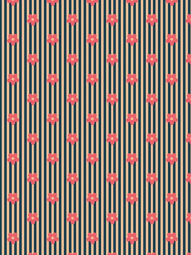 Dark Blue Floral Pattern | Pink Flowers on Navy Stripes | Retro Floral Stripes Design | Preppy Pink Flower Pattern | Coquette Navy and Pink Flowers with Vertical Stripes by VivaFy