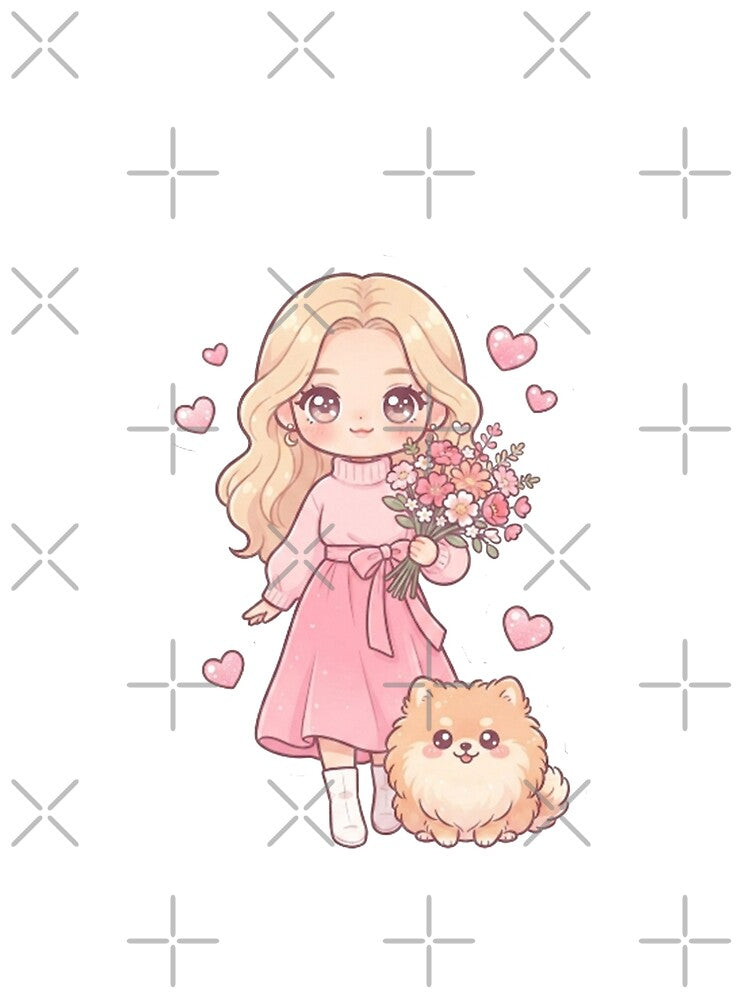 Cute Blonde Girl with Flowers and Fluffy Puppy | Kawaii Pastel Coquette Aesthetic Illustration by SimonFernando