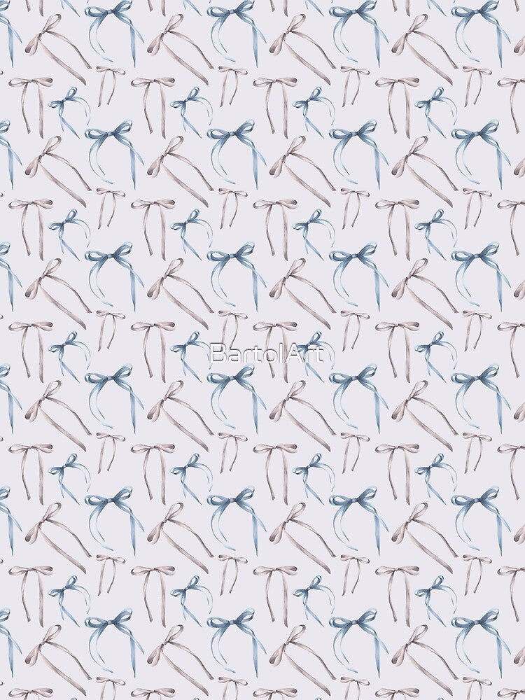 Watercolor ribbons and bows seamless pattern. Grey and blue colour Hand drawn coquette illustration by BartolArt
