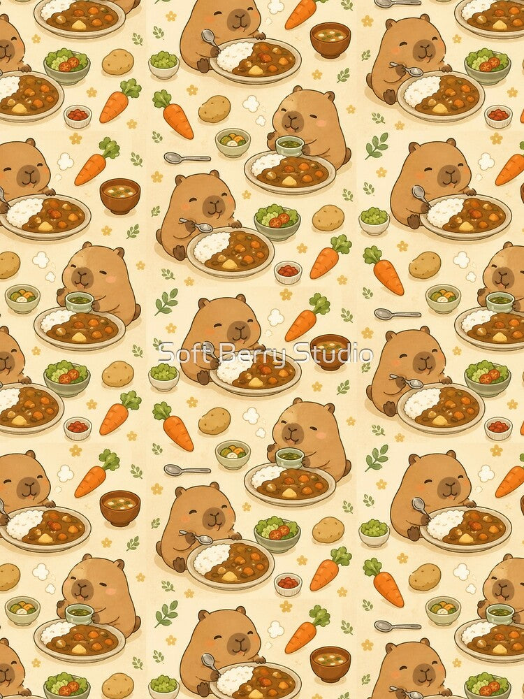 Capybara Japanese Curry Pattern | Cute Kawaii Foodie Design by Soft Berry Studio