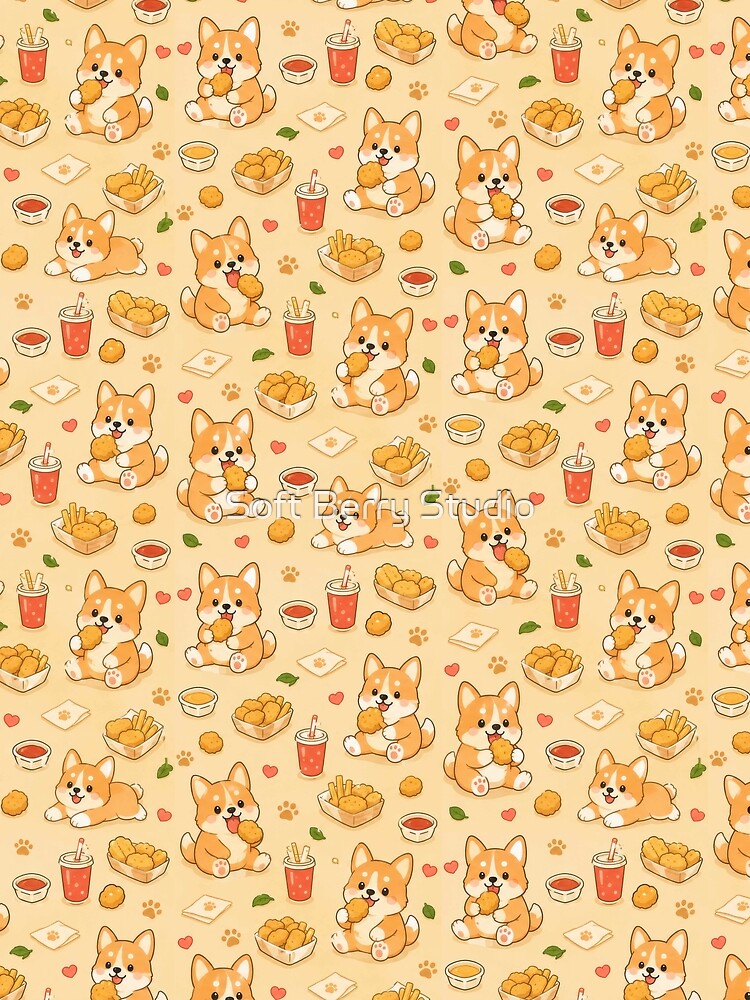 Cute Corgi Chicken Nugget Pattern | Kawaii Snack Food Design by Soft Berry Studio