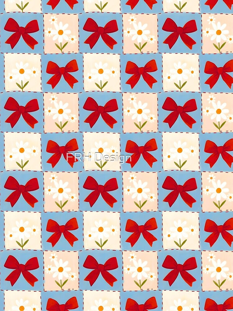 Blue Red Bow Daisy Patchwork Seamless Pattern JPG Cute Ribbon Coquette Aesthetic Wallpaper by FRH Design ⭐⭐⭐⭐⭐