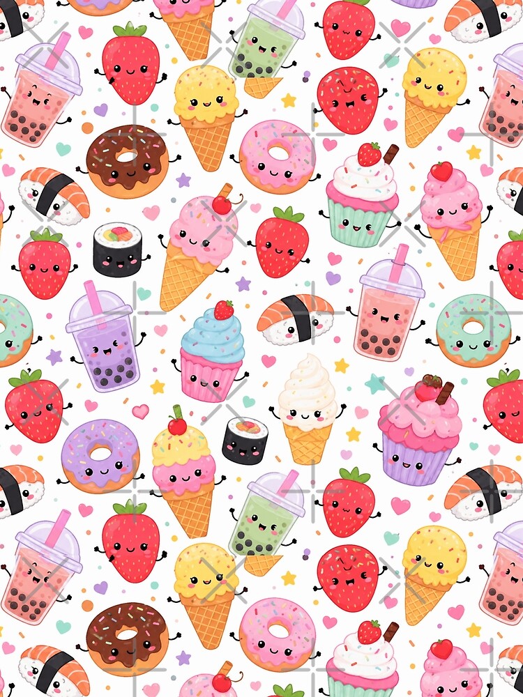 Kawaii Cute Food Dessert Seamless Pattern Print by Inkworksbyshery