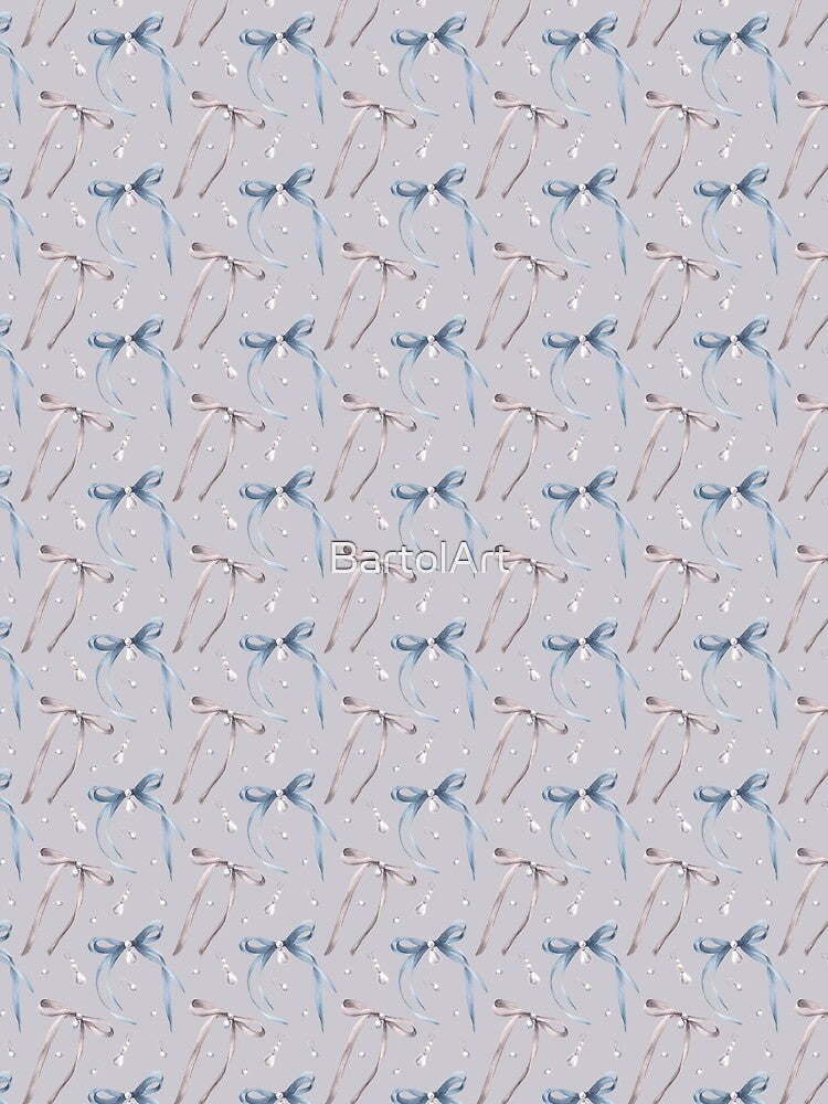 Watercolor ribbons and bows with pearl earrings seamless pattern. Grey and blue colour Hand drawn coquette illustration by BartolArt