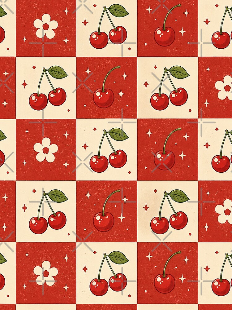 Cherry Checkerboard Seamless Pattern – Retro Y2K Red Cherry & Cute Picnic Aesthetic by RJACreative