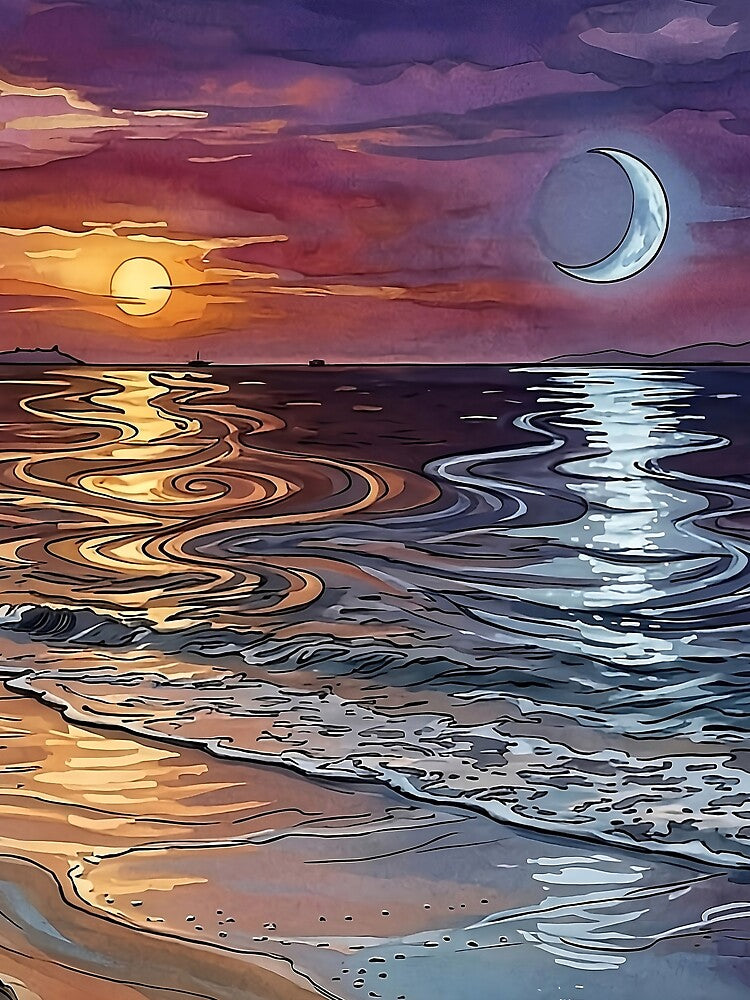 Sunset Beach – Ocean Sunset, Crescent Moon & Dreamy Coastal Aesthetic by Y-MOONSTAR