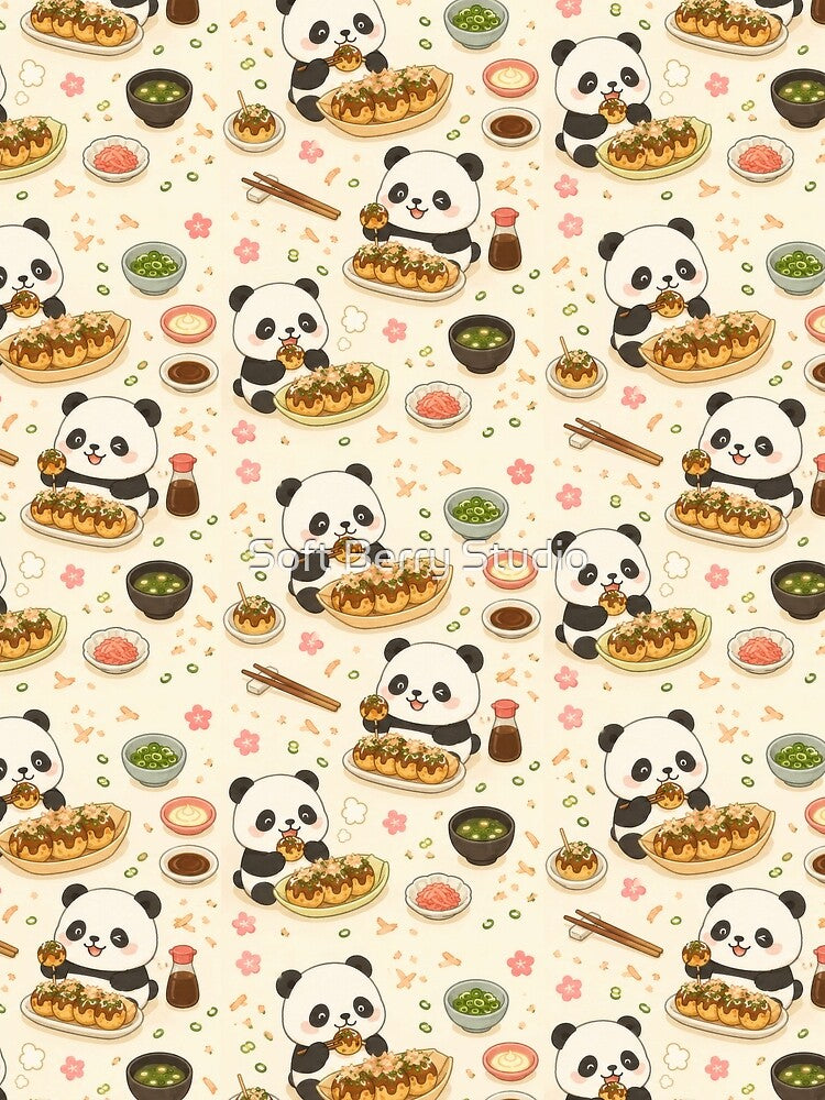 Panda Takoyaki Pattern | Cute Kawaii Japanese Food Design by Soft Berry Studio