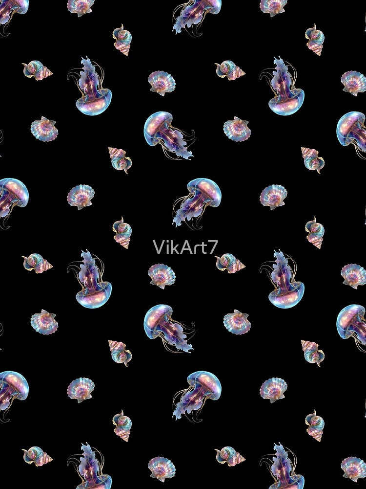 Iridescent Jellyfish and Seashell Pattern in Pastel Ocean Colors by VikArt7