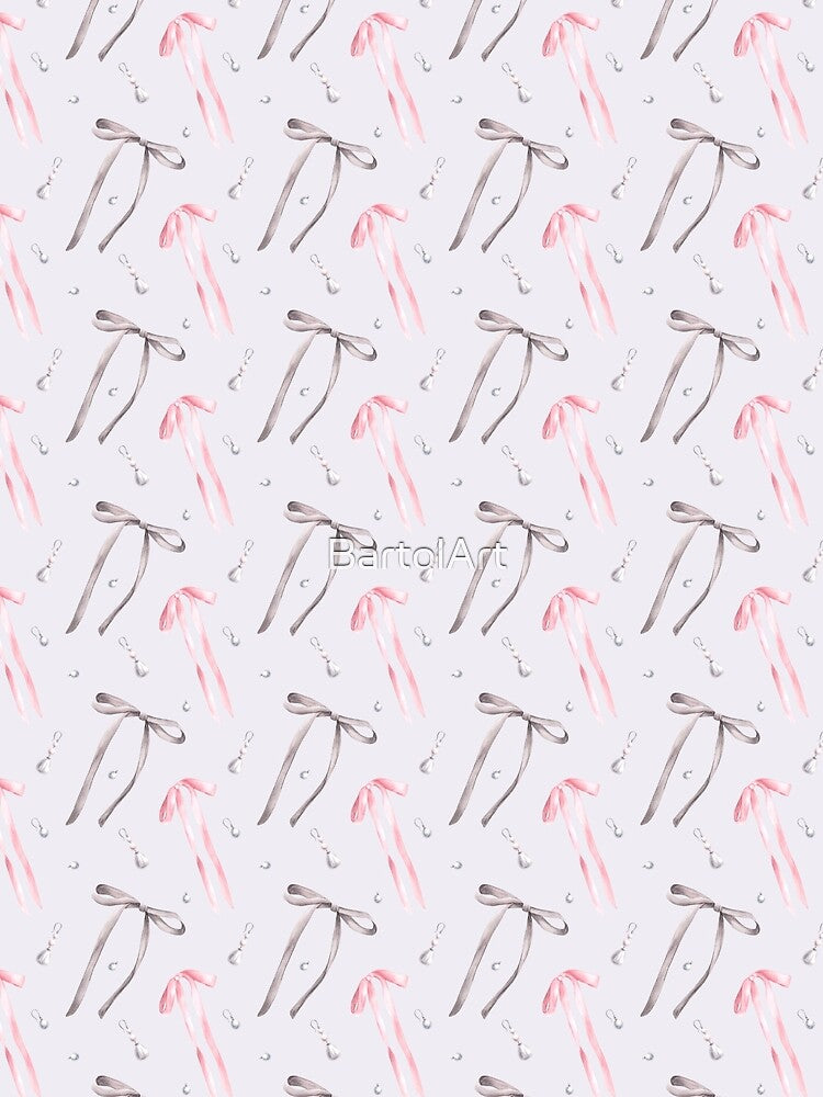 Watercolor ribbons and bows with pearl earrings seamless pattern. Grey and pink rosa colour Hand drawn coquette illustration by BartolArt