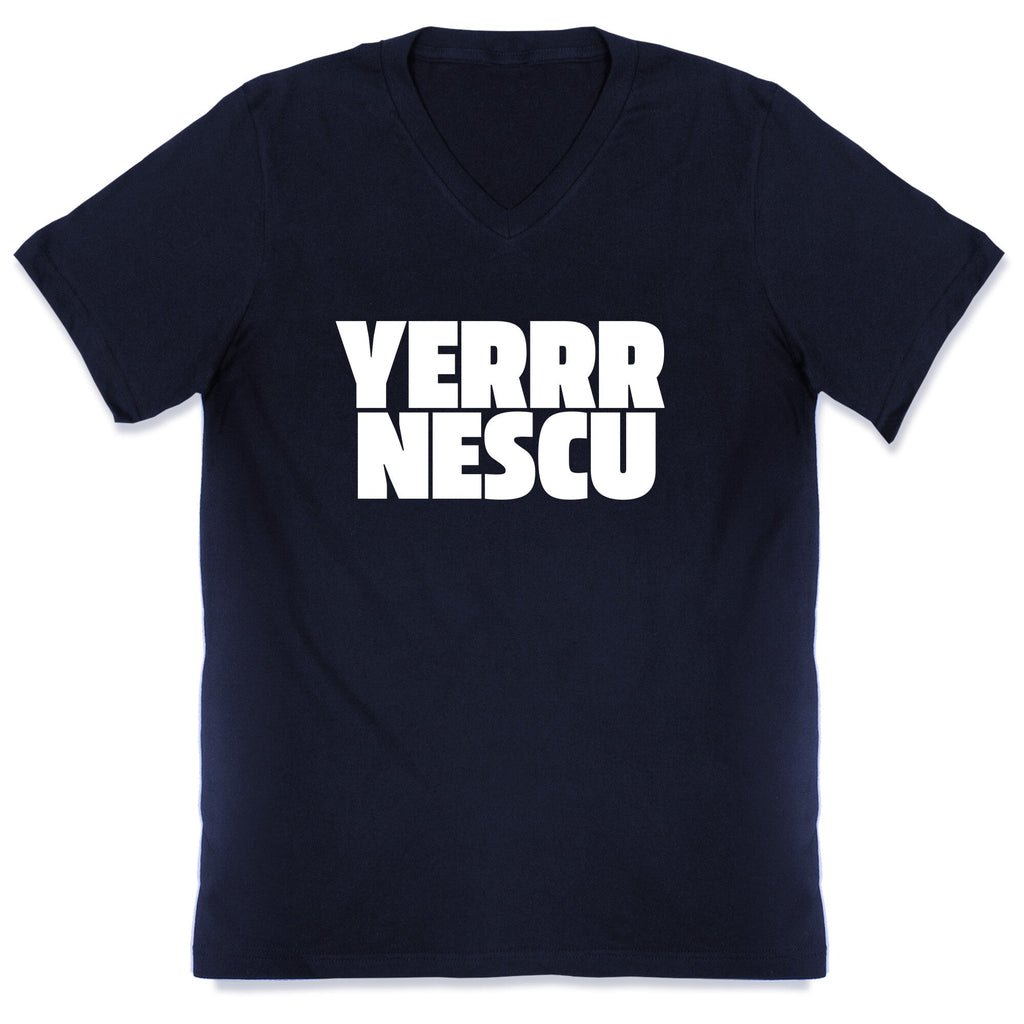 Yerrr Nescu White Text V-Neck Unisex