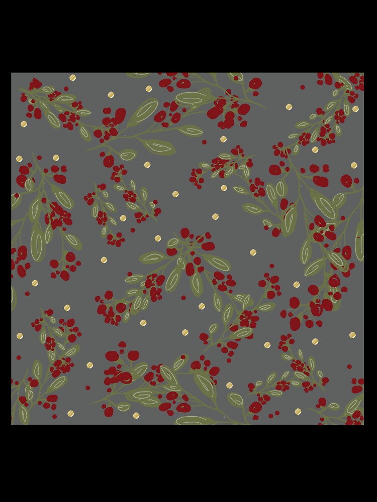 Holly Jolly Greens ;  Red Fruits & Yuletide Leaves on Grey by PrintsByAnnJ