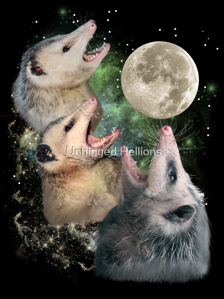 Three Opossums Howling At Moon Screaming by Unhinged Hellions