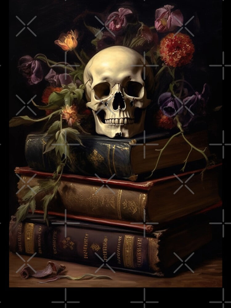 Dark Academia Skull Books Painting, Dark Cottagecore Gothic Still Life Painting by Kink Collective