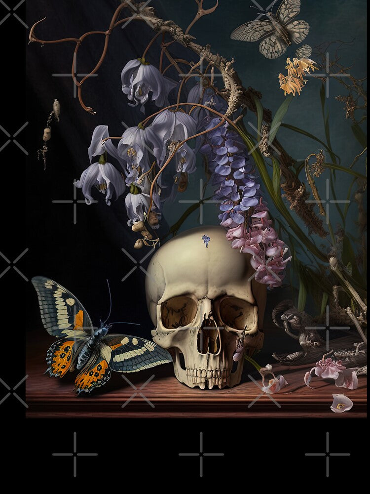 Dark Academia Skull Flowers Painting, Dark Cottagecore Gothic Still Life Painting by Kink Collective