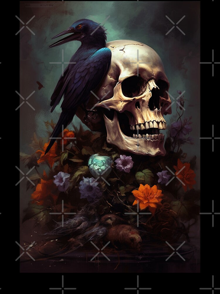 Dark Academia Skull with Raven Painting, Dark Cottagecore Gothic Still Life Painting by Kink Collective