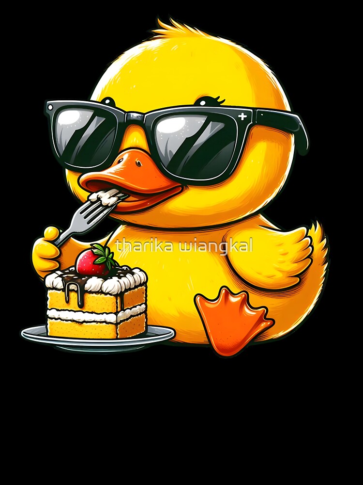 Funny Yellow Duck Eating Cake Rubber Duck Wear Sunglasses by tharika wiangkal
