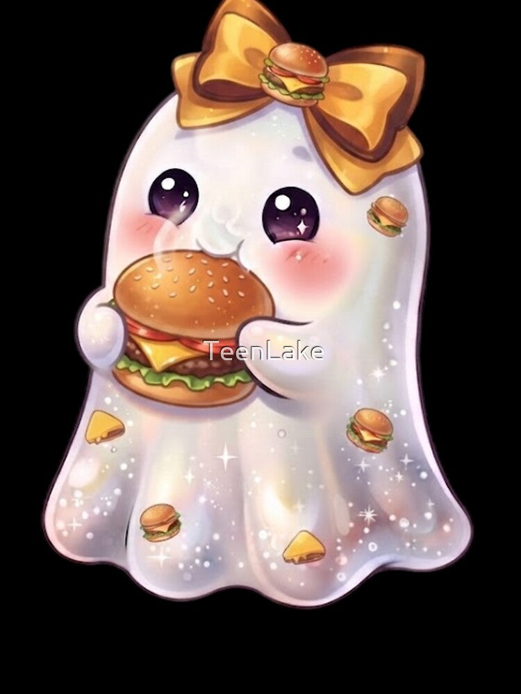 Cute Kawaii Ghost Eating a Ham Burger Design /  Cheese Burger / Halloween / Foodie / T-shirts mugs stickers phone case hardcover journal poster by TeenLake