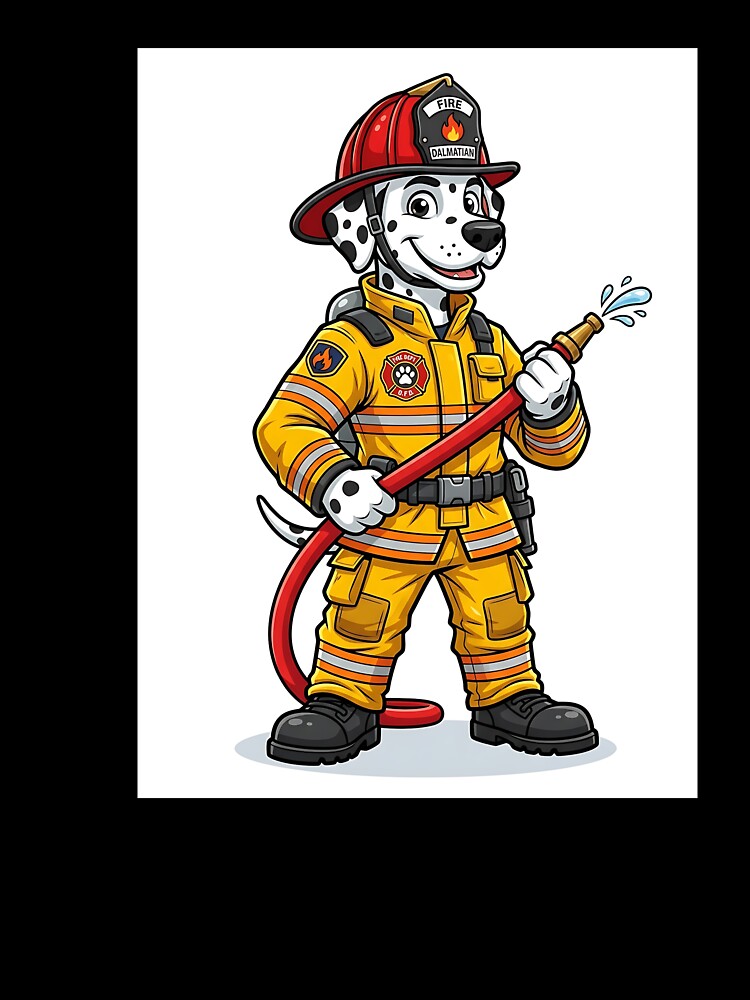 Dalmatian Firefighter in Yellow Gear with Red Helmet Cartoon by PictoVibe