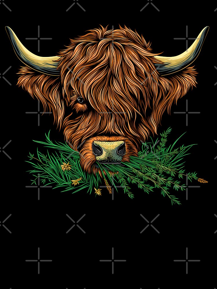 Scottish or irish fluffy  highland cattle cow animal grazing grass head illustration by NBSStore