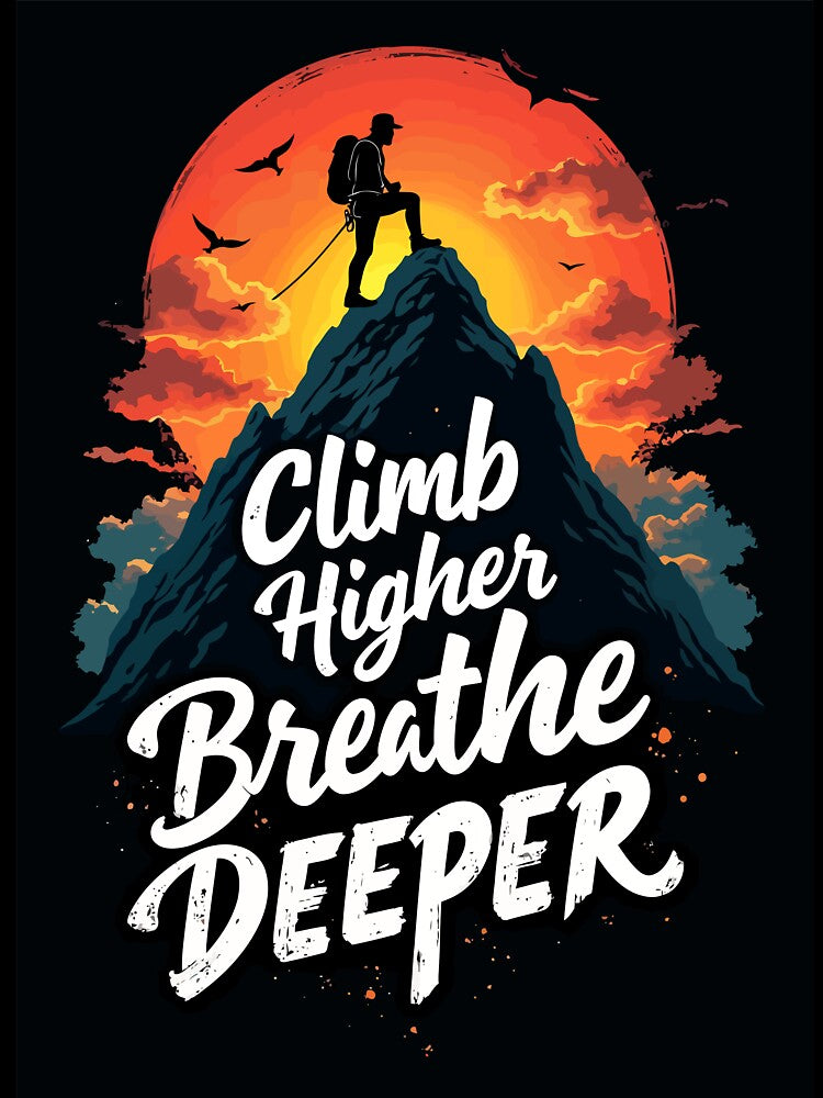 Climb Higher Breathe Deeper - Vintage Mountain Hiker Sunset by Mammu-Fashion