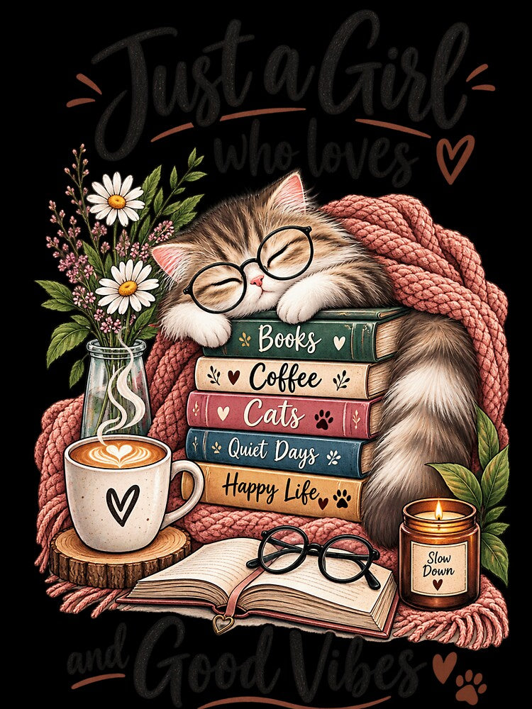 Just a Girl Who Loves Books Cats Coffee by JANAWIYSTUDIO
