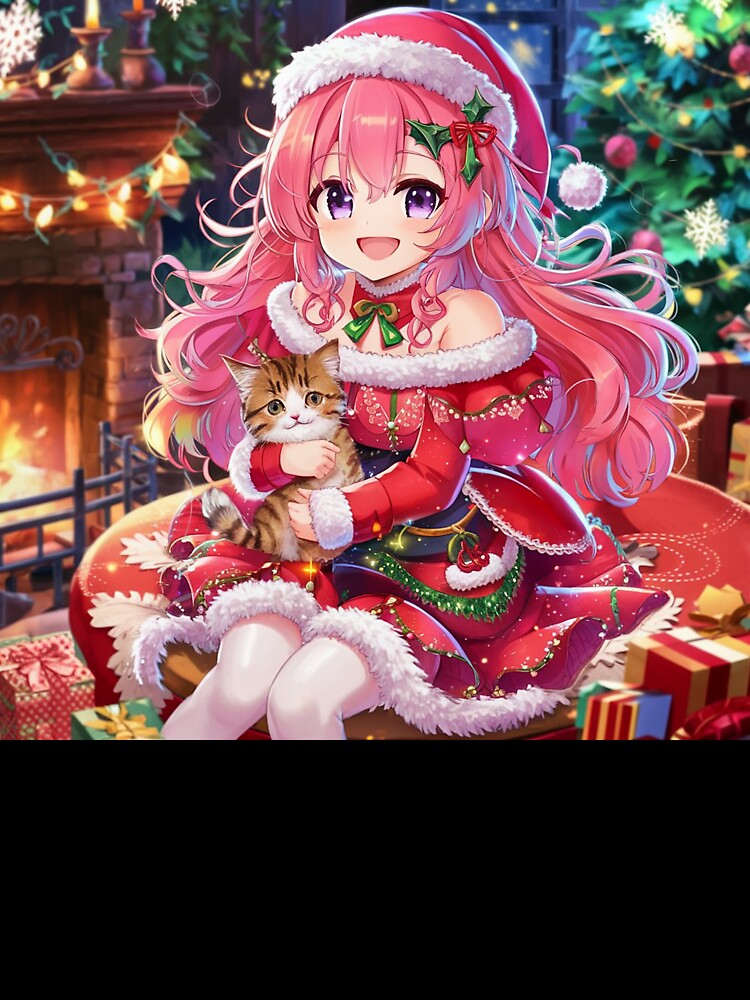 Pink Christmas | Anime Girl With Peaceful Kitten by PinkGoddessLove