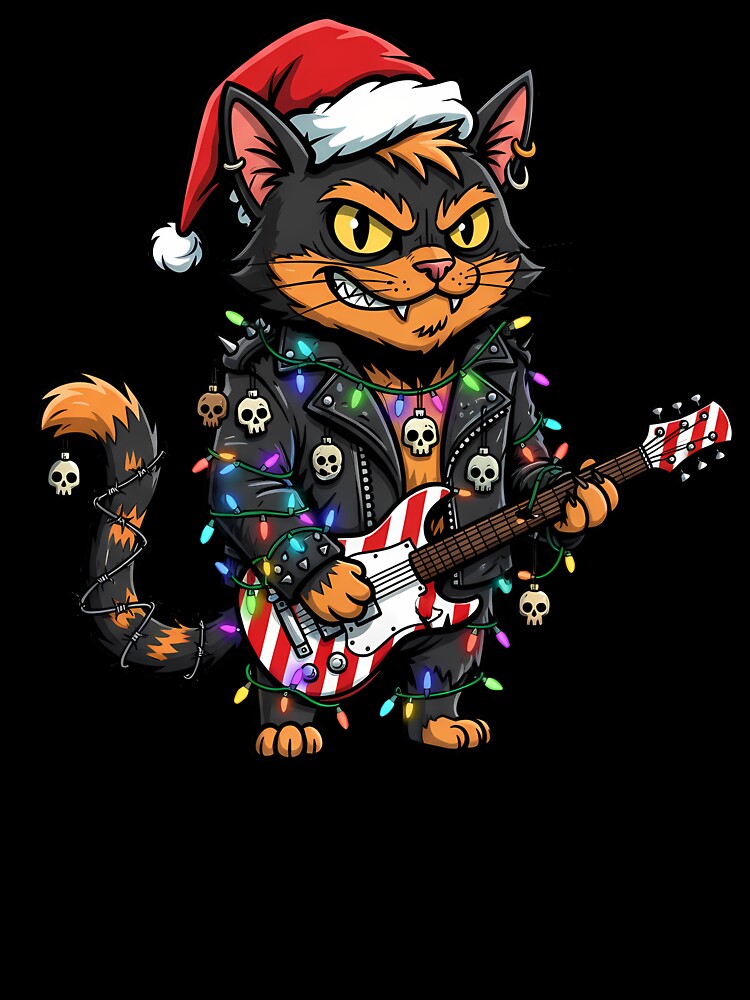 Rock Christmas Cat – Punk Cartoon Animal with Guitar Design by hn79