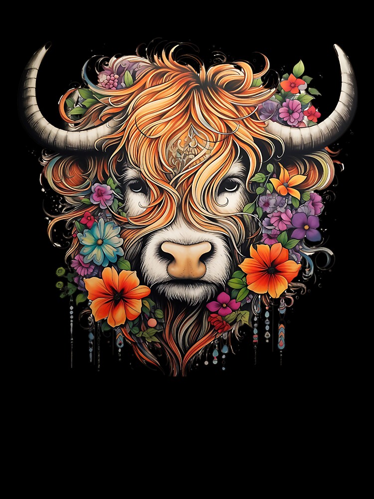 Highland Cow Colorfull With Daisies Flower by LucyArtDesign
