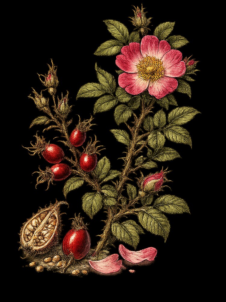 Vintage Wild Rose and Rosehip Botanical Art by Anyshca