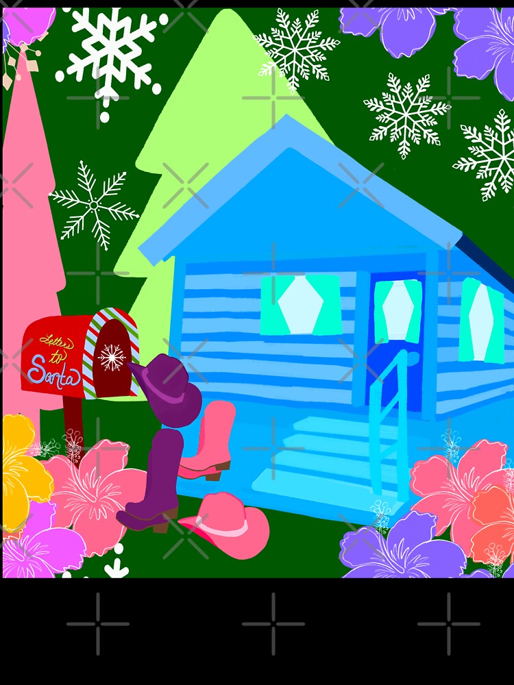 Hand Drawn Cabin with Tropical Flowers + Cowgirl hats, Cowgirl boots, Christmas Trees by Victoria Rose