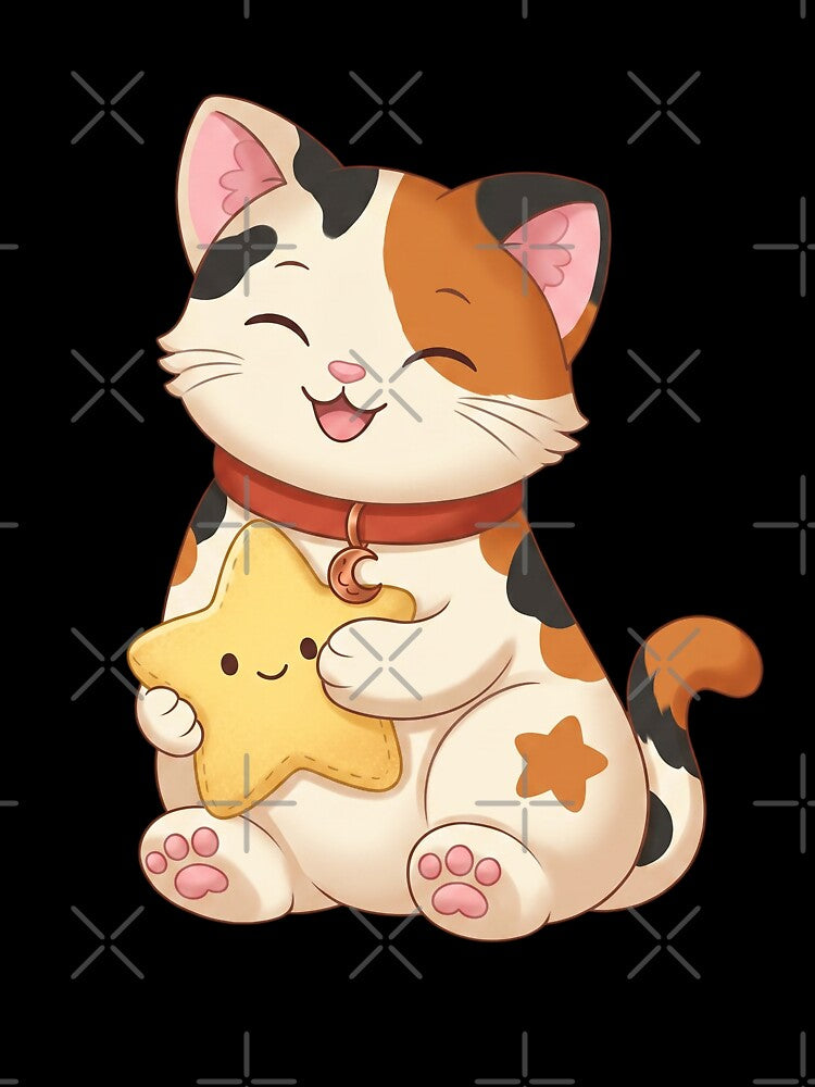Kawaii Calico Cat Hugging Cute Star by CrystalMineArts