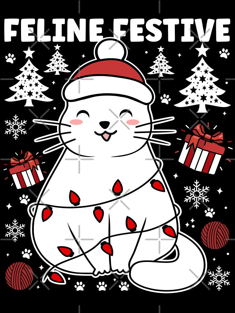 Feline Festive Happy Cat | Cute and Festive Christmas Cat Wearing Christmas Lights - Black by PearlMoonGrapes