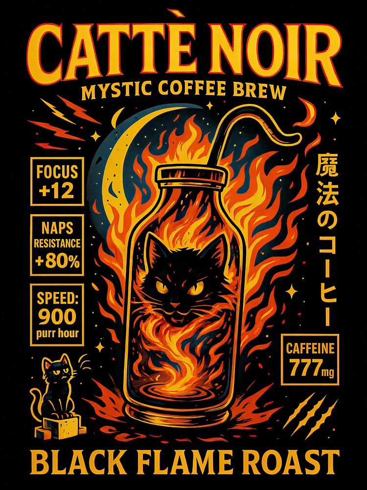 Cattè Noir Black Flame Roast - Mystic Coffee Cat Graphic Tee by soycig