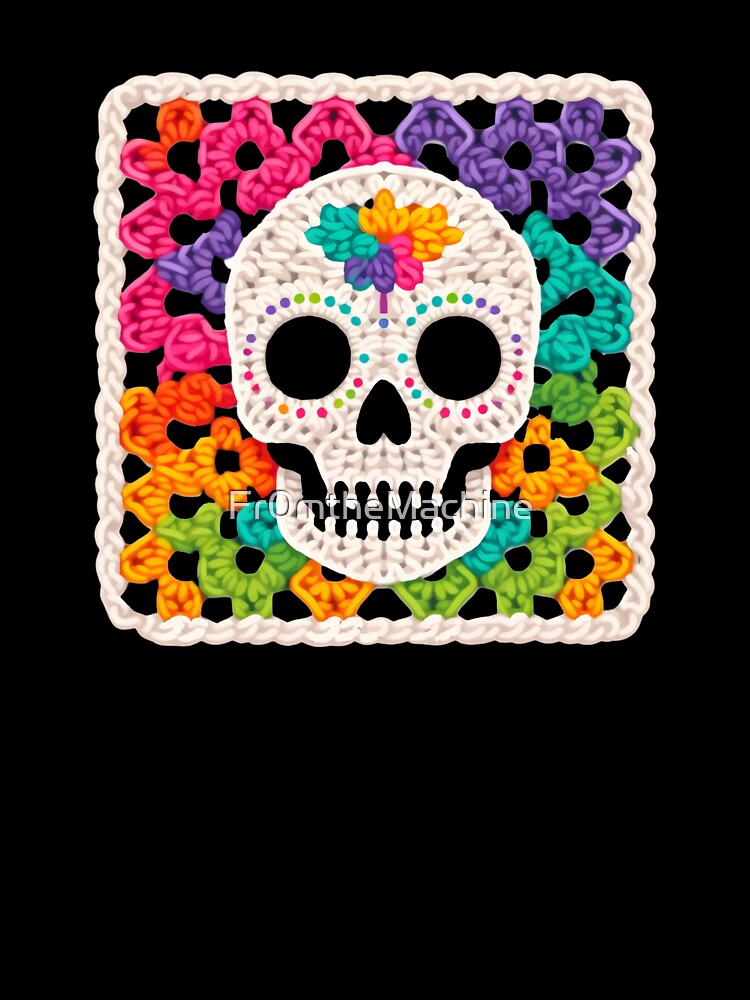 A sugarskull rainbow granny square, crochet art by Fr0mtheMachine
