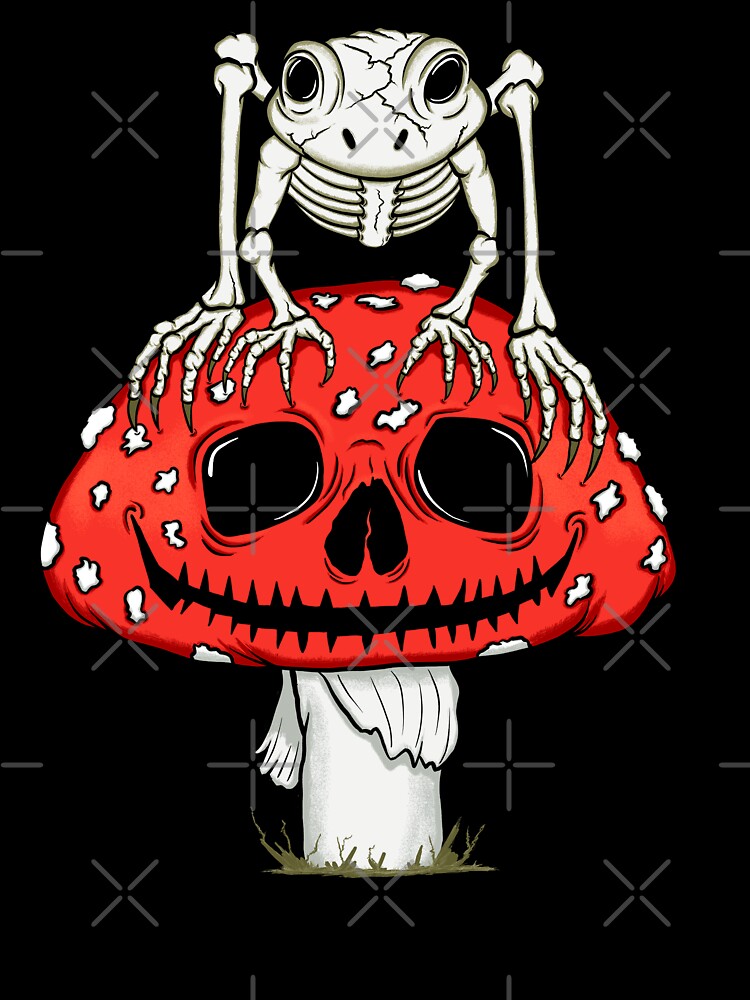 Cottage Core Skeleton Frog on Skull Psychedelic Mushroom by AugustDesign