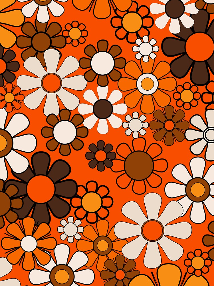 Retro 70s Floral Pattern Groovy Garden Flowers in Orange and Brown by kierkegaard
