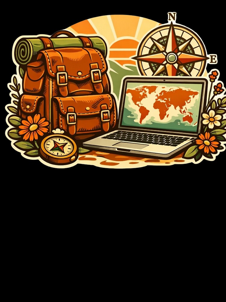 Retro Travel Explorer – Vintage Backpack & Laptop World Map by Timeless Junction