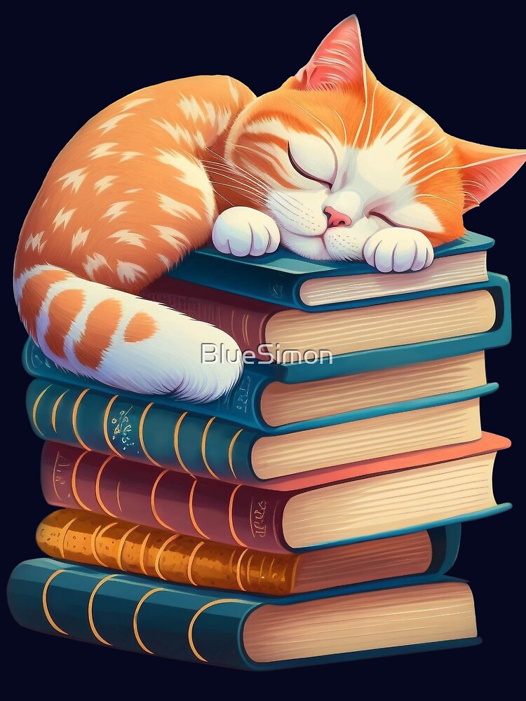 Cute Sleeping Cat on Books - Illustration by BlueSimon