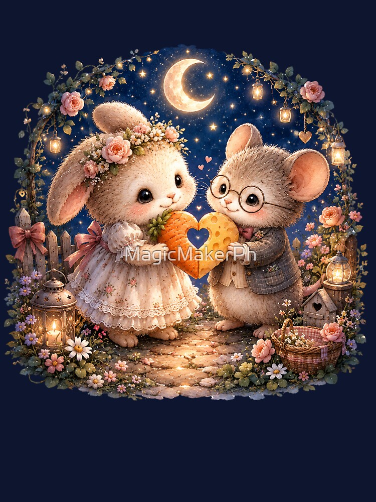 Cottagecore Bunny & Mouse Heart Friendship Watercolor Woodland by MagicMakerPh