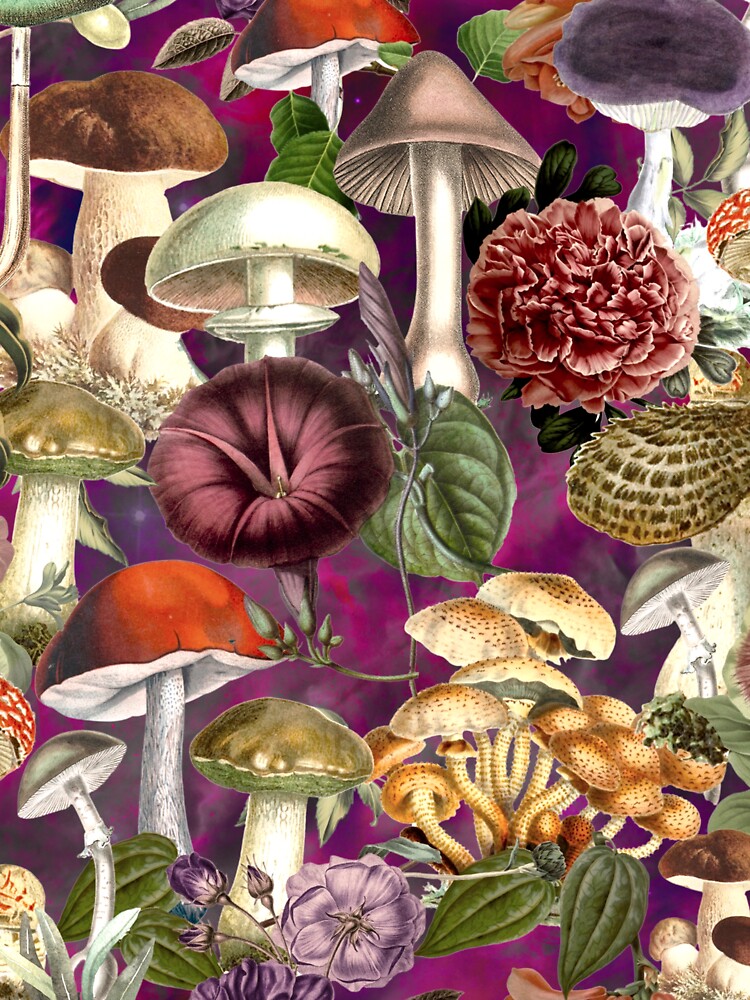 Vintage mushrooms and flowers garden, shrooms and fungi, botanical pattern, mushrooms illustration, seamless pattern, pink red pattern trendy by ZeinabTaha