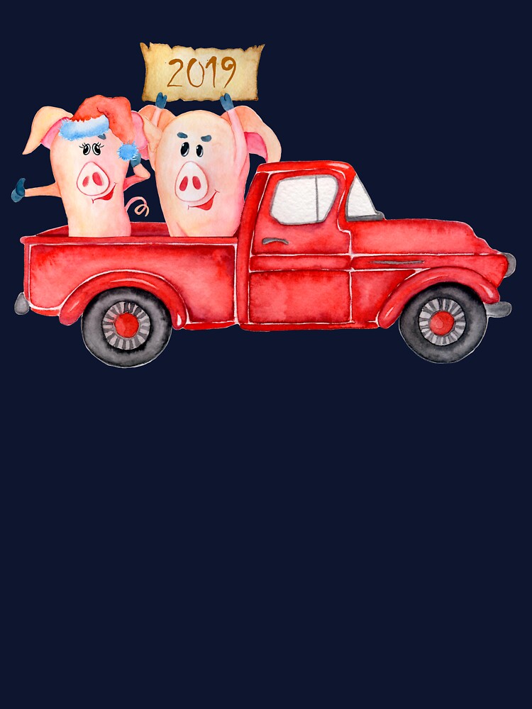 Christmas Classic Red Truck - 2019 Year of The Pig - The New Year Lucky Pigs by Maryna Denysenko