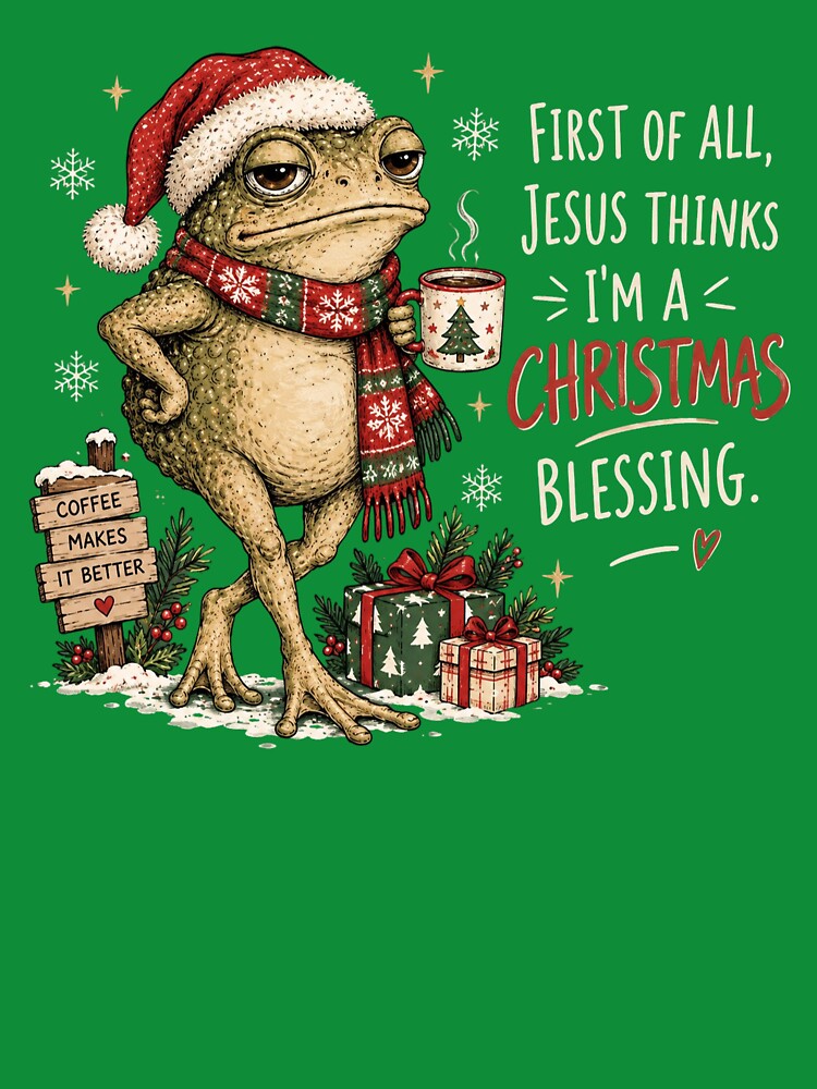 Funny Christmas Frog, Jesus Christmas Blessing, Christian Holiday Quote, Cute Cottagecore Frog with Coffee, Festive Gift for Women by Quiajia