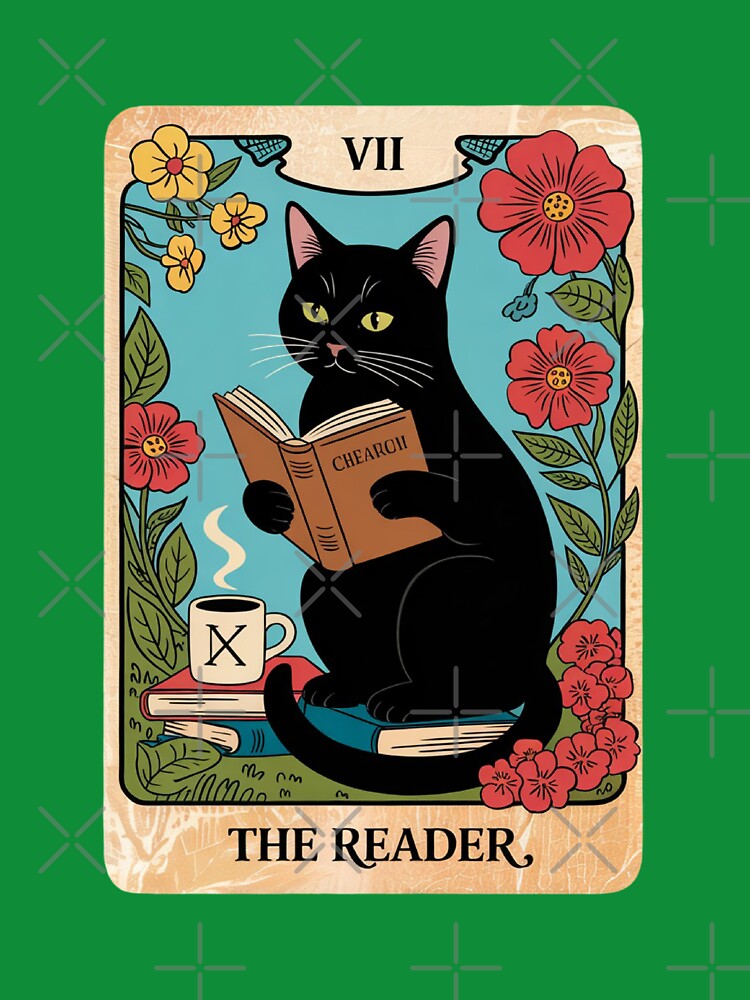 Book Lover Cat Illustration, Reading Cat with Coffee Cute Art by C3J7