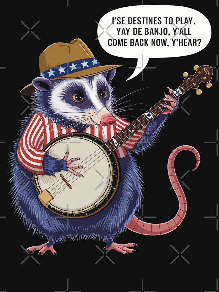 Funny Opossum Banjo Player in Striped Shirt and Cowboy Hat by SkymarArt