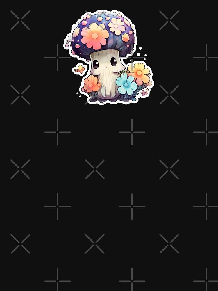 Cute Kawaii Flower Mushroom | Black Watercolour | Happy, Flower, Floral, Nature, Kawaii, Lovely, Girly by FantasySoul