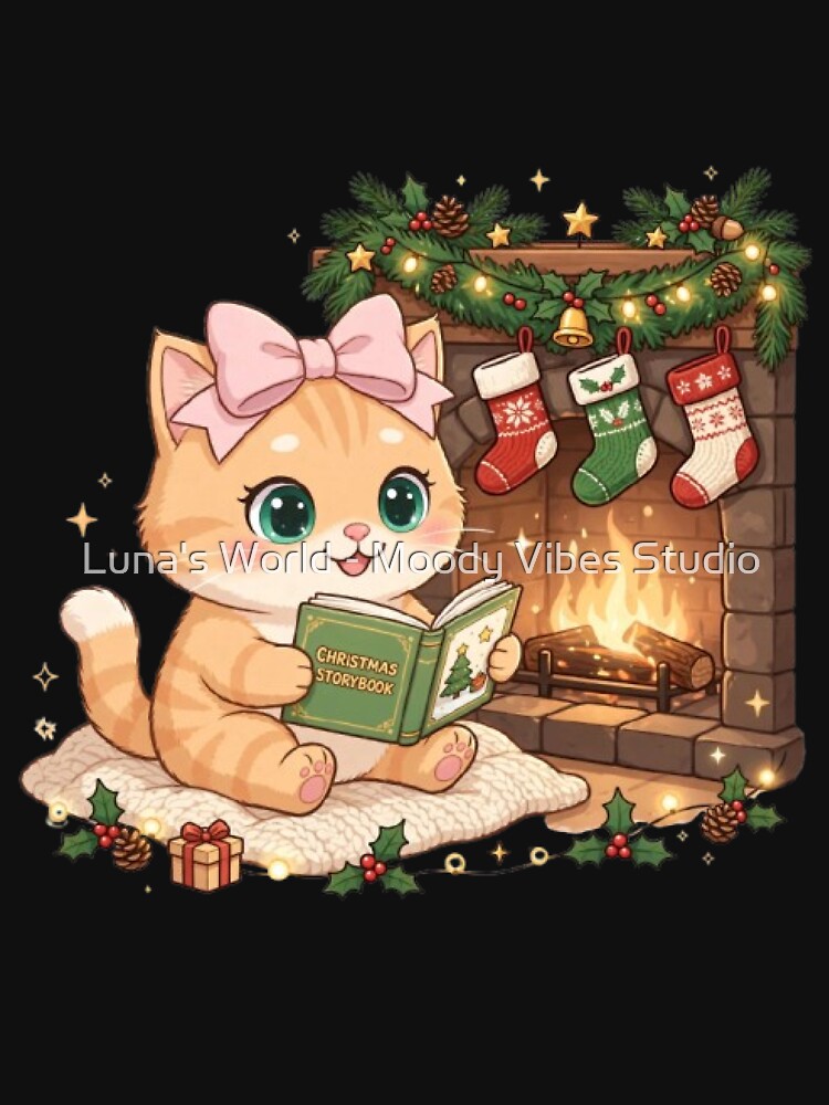 Cozy Christmas Cat Reading Storybook Fireplace by Luna's World - Moody Vibes Studio