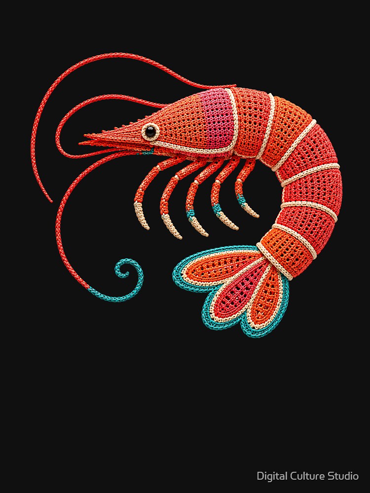 Crochet Shrimp – Colourful Fibre Art Prawn by Digital Culture Studio