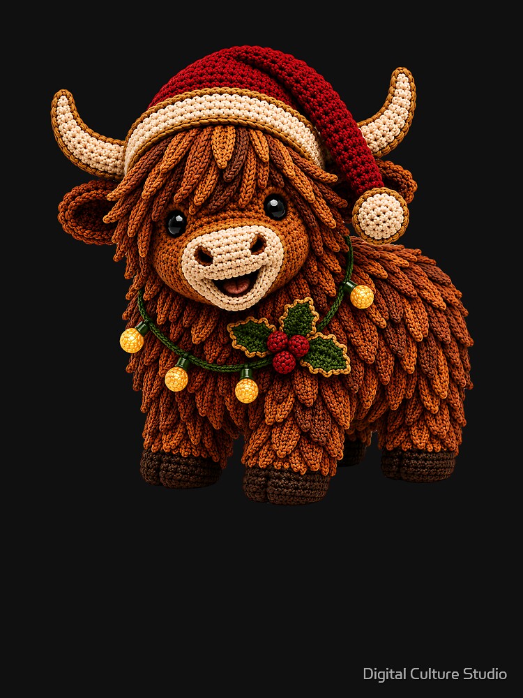 Christmas Crochet Highland Cow – Festive Cow Yarn Art by Digital Culture Studio
